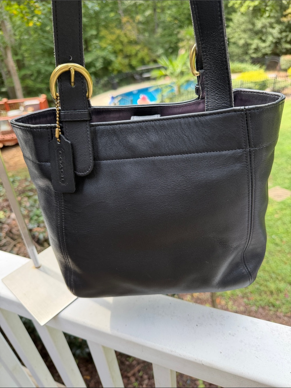 Coach Vintage Soho Black Leather Tote with Gold Hardware gold-tone buckles